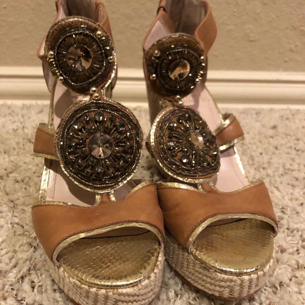 Vince Camuto gold and light brown wedges with rope pattern and crystals